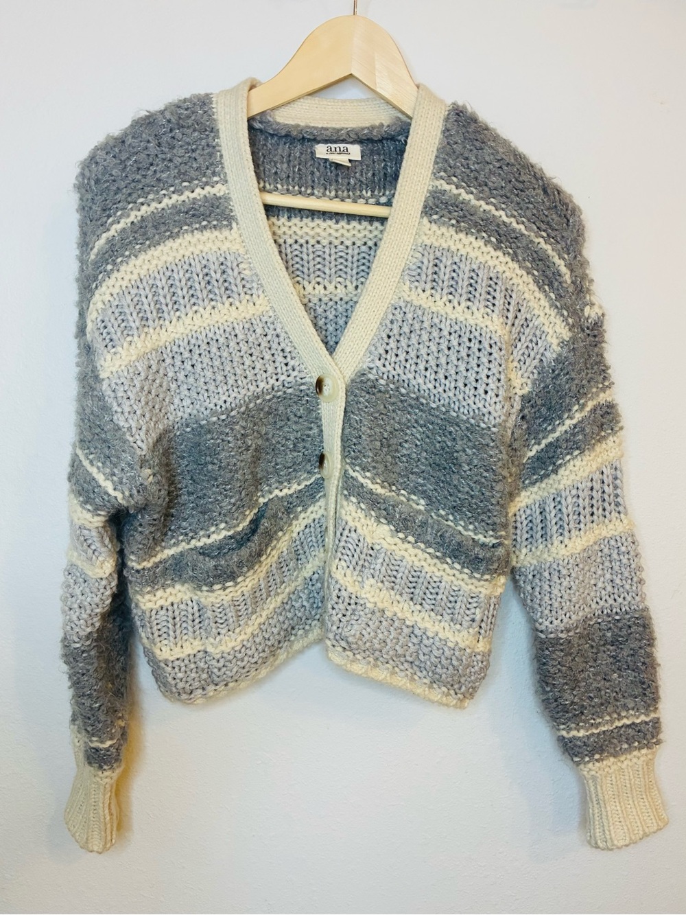 a.n.a Cream & Gray Striped V-Neck Button Cardigan